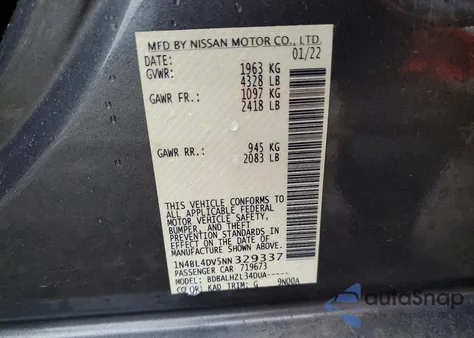 2022 Nissan Altima Sv from USA, damaged, VIN 1N4BL4DV5NN329337